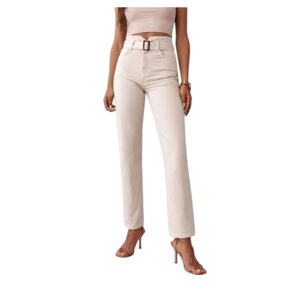 Reformation Cynthia Belted High Rise Straight Jeans Ivory Cream - Picture 2 of 10